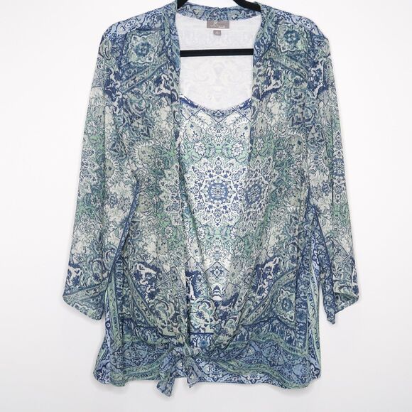 JM Collection Womens‎ Blouse Size 3X Blue Floral Paisley Wrap Tie Waist Boho - Picture 1 of 9
